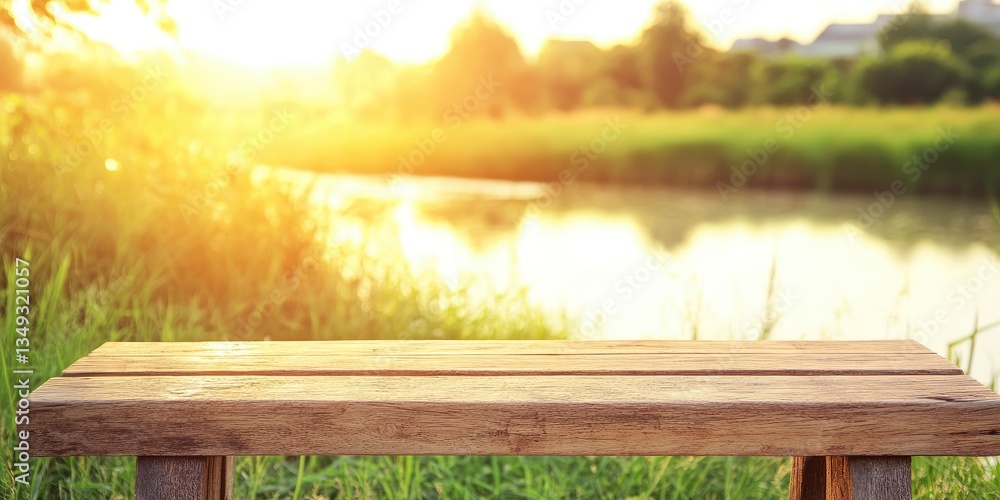 Fototapeta premium Serene wooden bench by a tranquil lake at sunset