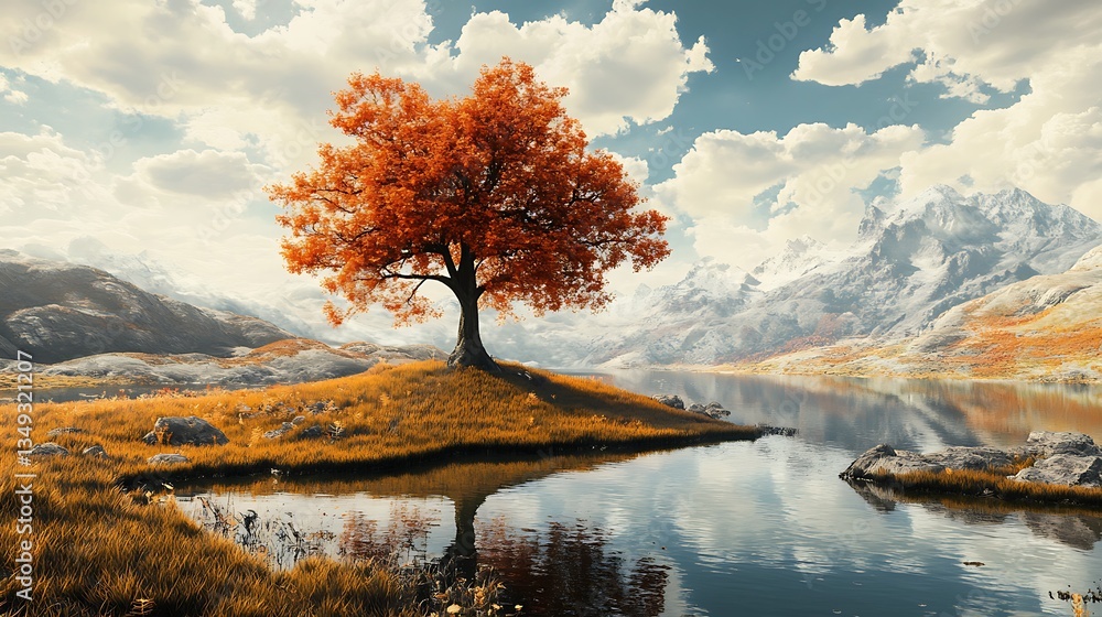 An autumn tree stands on an island in a lake