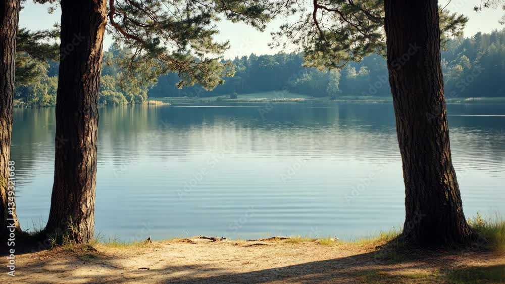 Tranquil Lakeside View Framed by Tall Trees in the Morning Light Generative AI