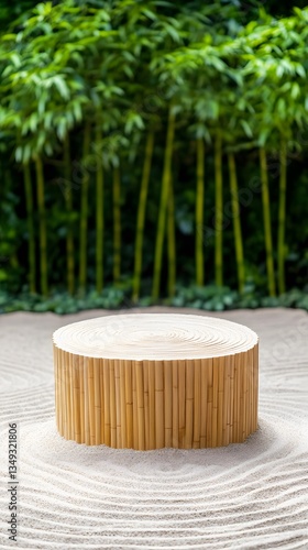 A podium made of natural bamboo, placed in the middle of a tranquil Zen garden with raked sand patterns.