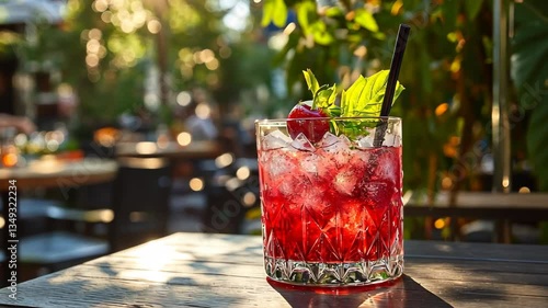 Fresh cherry cocktail. Fresh summer cocktail with cherries and ice cubes. Glass of cherry soda