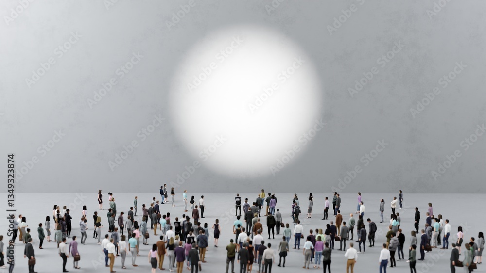 Naklejka premium Crowd of businesspeople looking at glowing circle on gray wall, concept of innovation and new idea