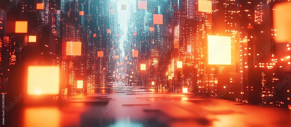 Fototapeta premium A futuristic cityscape illuminated with warm orange and cool blue tones