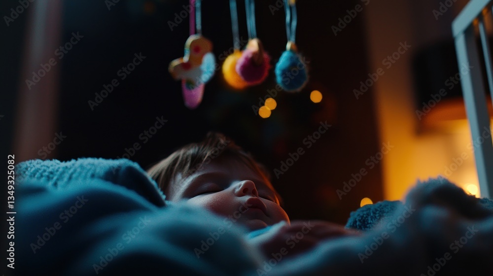 Obraz premium Baby sleeping soundly in crib at night with mobile above