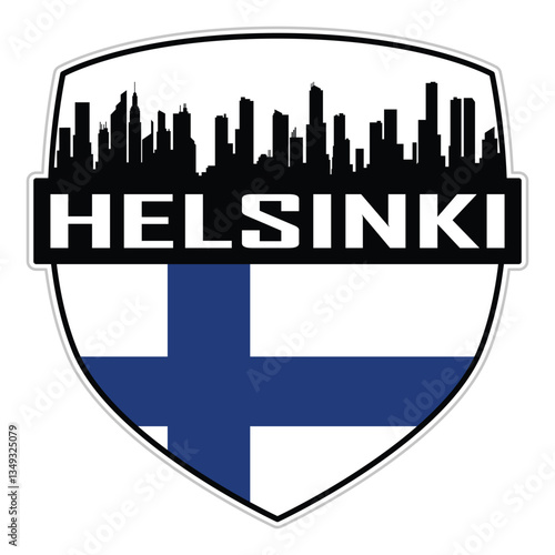 Helsinki Finland Flag Skyline Cityscape Silhouette Travel Souvenir Sticker Isolated Vector