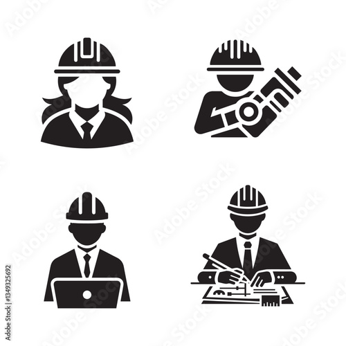 set collection construction builders engineers worker icon