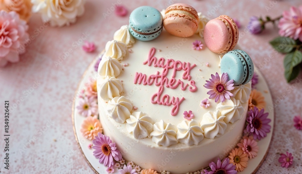 A delicate vanilla cake topped with pastel-colored macarons, edible flowers, and a smooth whipped cream finish. A delicate vanilla cake topped with pastel-colored macarons, edible flowers, and a smooth whipped cream finish.