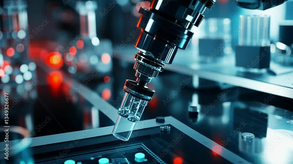 Advanced robotic arm precisely handling laboratory equipment, showcasing innovation in scientific research and technology. The futuristic lab setting highlights cutting edge advancements