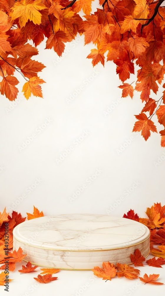 A podium made of white marble with golden leaf details, set in a peaceful autumn park with red and orange foliage.