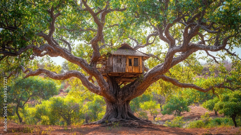 Wooden treehouse nestled in ancient tree, lush garden backdrop Wooden treehouse nestled in ancient tree, lush garden backdrop