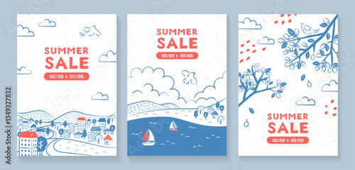 手描きのイラストテンプレートセット_町並みと海と枝_1