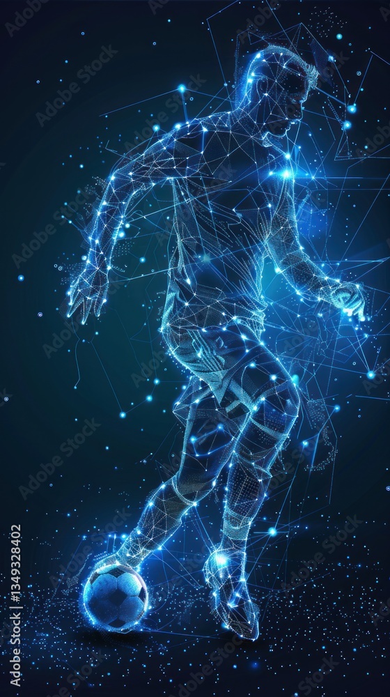 Fototapeta premium Futuristic soccer player in motion, digital art background, abstract style
