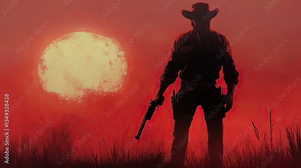 A cowboy holding his rifle, standing tall with a fading sun. A cowboy holding his rifle, standing tall with a fading sun.