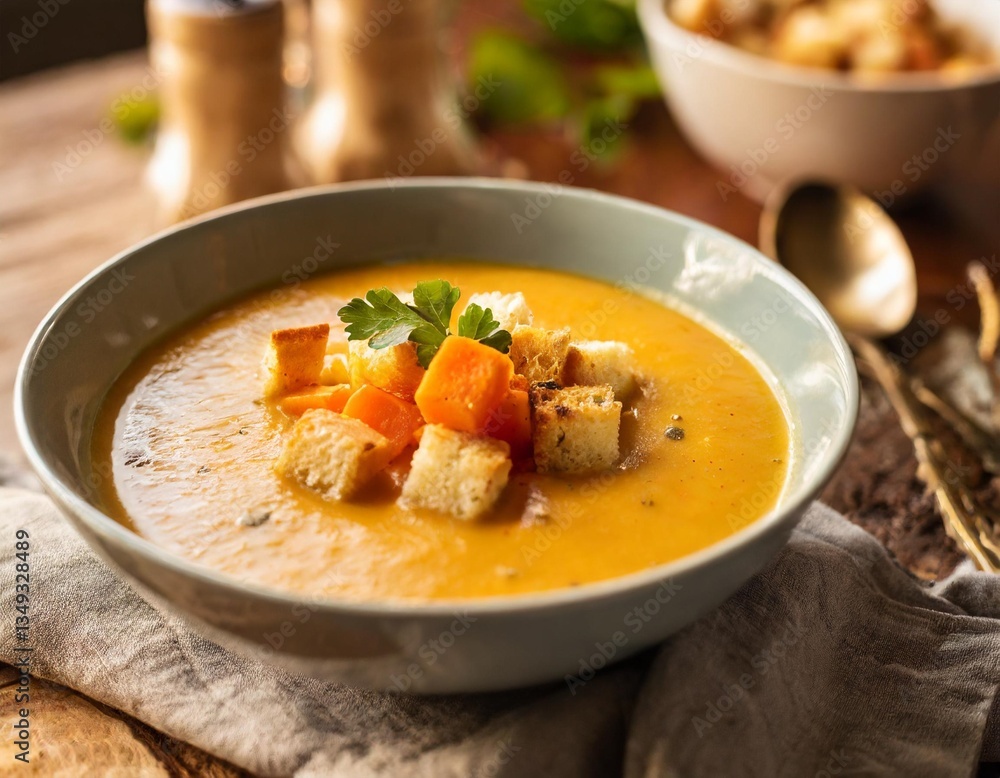 Creamy Carrot Ginger Soup with Croutons Captured Low-Angle in Deep Bowl Against Warm Autumn Kitchen Light Creamy Carrot Ginger Soup with Croutons Captured Low-Angle in Deep Bowl Against Warm Autumn Kitchen Light