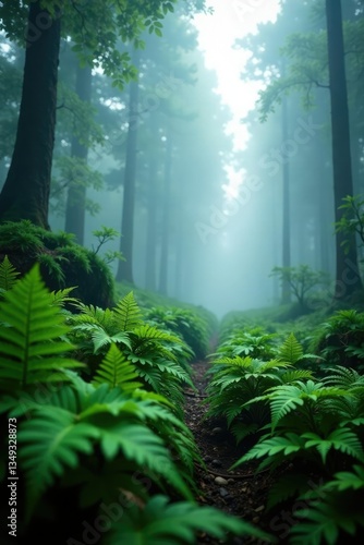 Fog-shrouded ferns sway gently in windless forest air, lush greenery, fog rolling in, mysterious atmosphere