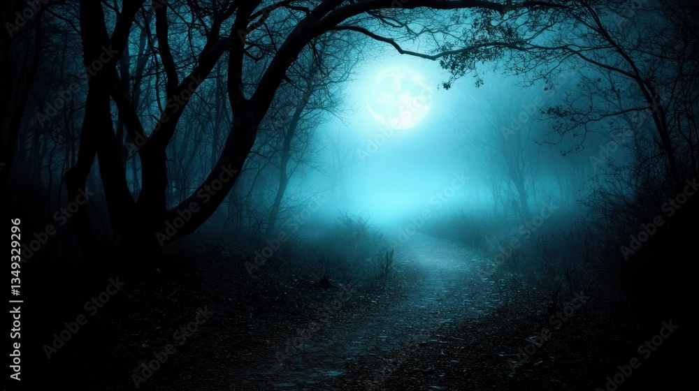 Misty forest path under full moon, spooky, Halloween Misty forest path under full moon, spooky, Halloween