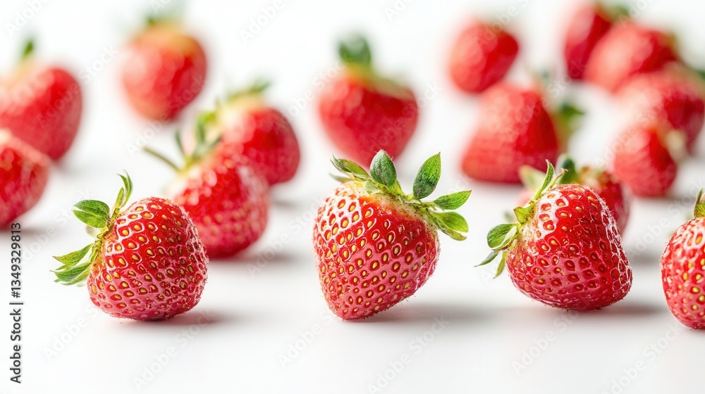 Bright fresh strawberries in close-up on a white background. Juicy and appetizing fruits in a dynamic composition evoke freshness and natural appeal. Bright fresh strawberries in close-up on a white background. Juicy and appetizing fruits in a dynamic composition evoke freshness and natural appeal.