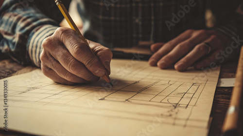 Hands of an individual skillfully drawing a design on graph paper while engaged in the bisection method for creative problem solving.