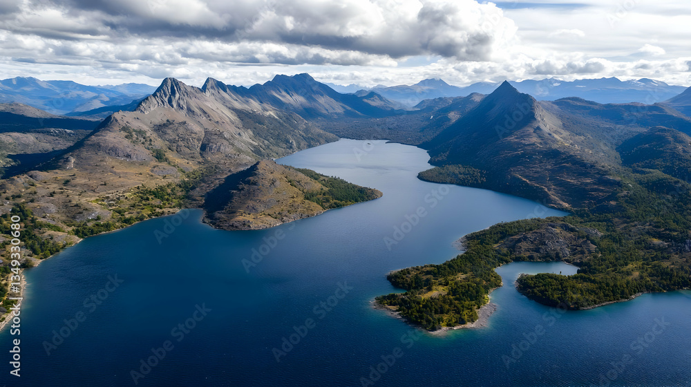 Aerial View Of Mountain Lake With Surrounding Forests And Peaks Aerial View Of Mountain Lake With Surrounding Forests And Peaks