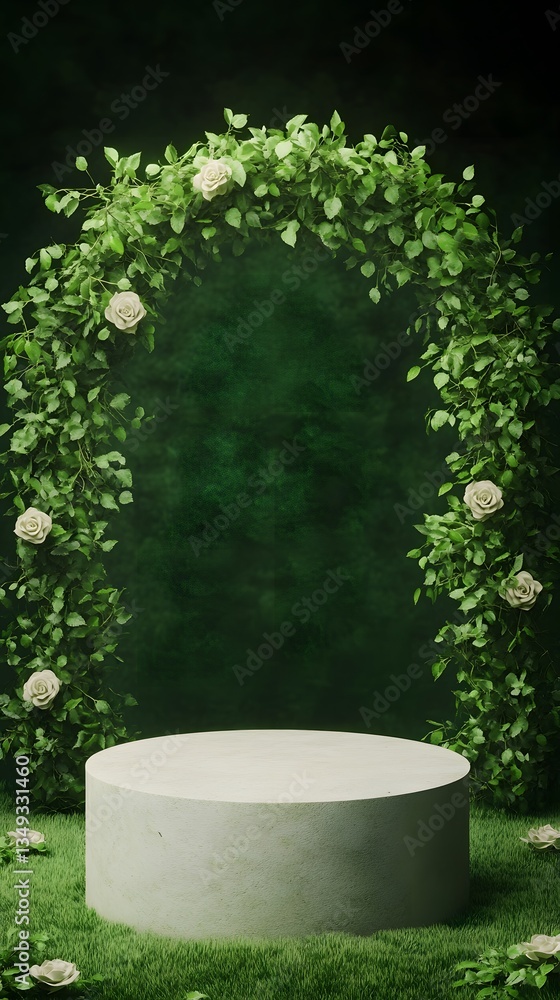 A podium covered in fresh green ivy, placed in a fairytale-like hidden garden surrounded by roses.