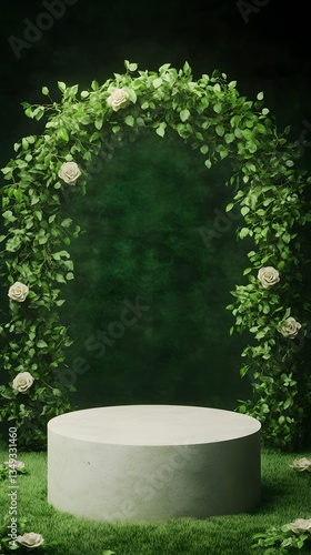 Obraz na płótnie A podium covered in fresh green ivy, placed in a fairytale-like hidden garden surrounded by roses. w salonie
