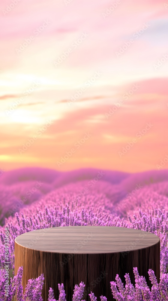 A podium made of dark oak, placed in a glowing lavender field under a soft sunset sky.