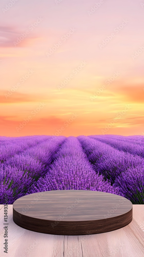 A podium made of dark oak, placed in a glowing lavender field under a soft sunset sky.