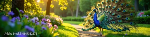 Peacock's majestic spread of feathers against a sunlit garden, lush, gardens, peacock
