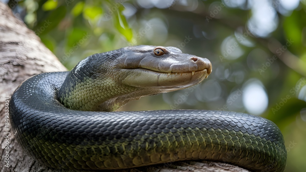 Fototapeta premium Anaconda Snake coiled on a tree branch with sleek dark green and black scales