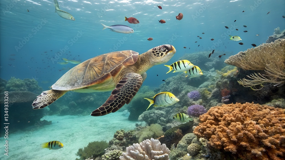 Obraz premium Turtle with group of colorful fish and sea animals with colorful coral underwater in ocean. A