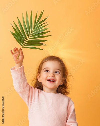 Palm Sunday concept. A child waving a palm leaf joyfully, celebrating the arrival of Jesus, warm golden tones