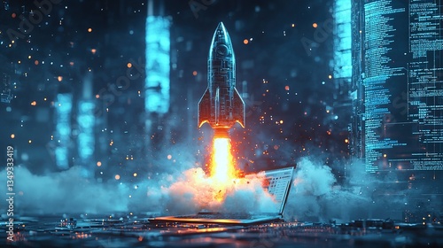 A digital rocket launching from a laptop in a futuristic scene