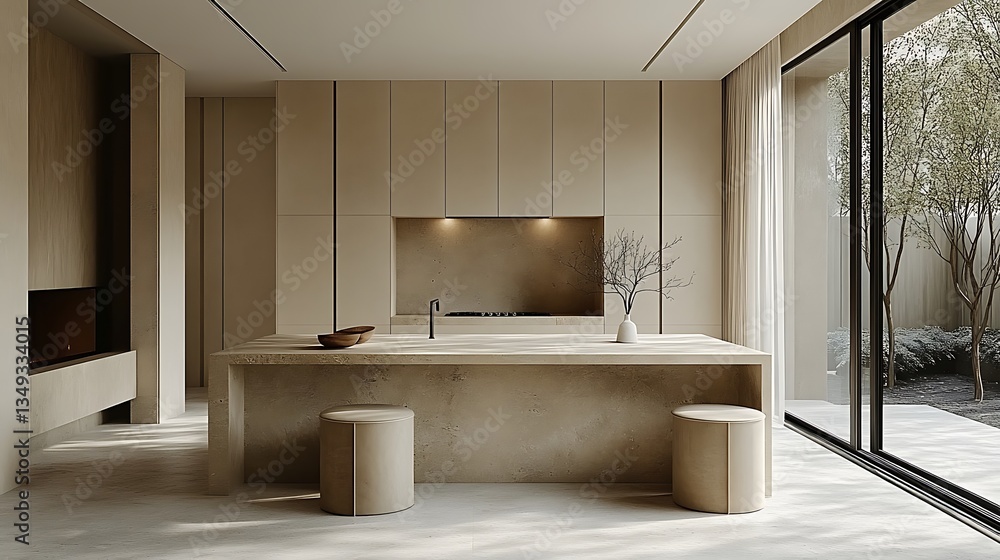 Fototapeta premium Modern Minimalist Beige Kitchen Interior Design With Stone Countertop And Stools