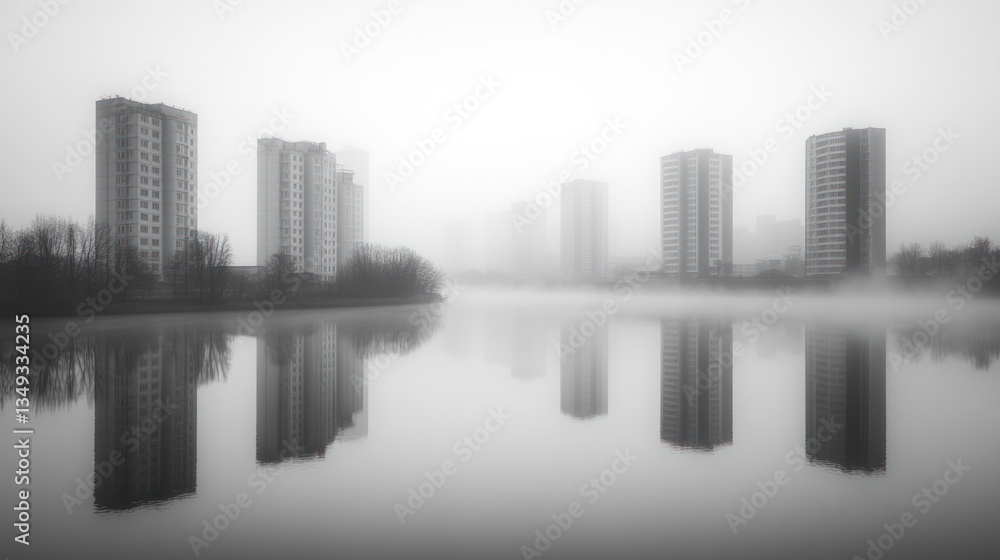 Fototapeta premium Foggy city reflection on calm water