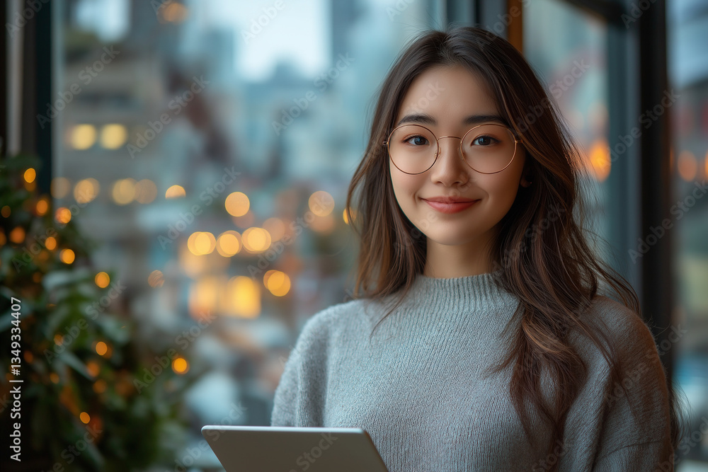 A smiling woman wearing glasses holds a tablet. A smiling woman wearing glasses holds a tablet.