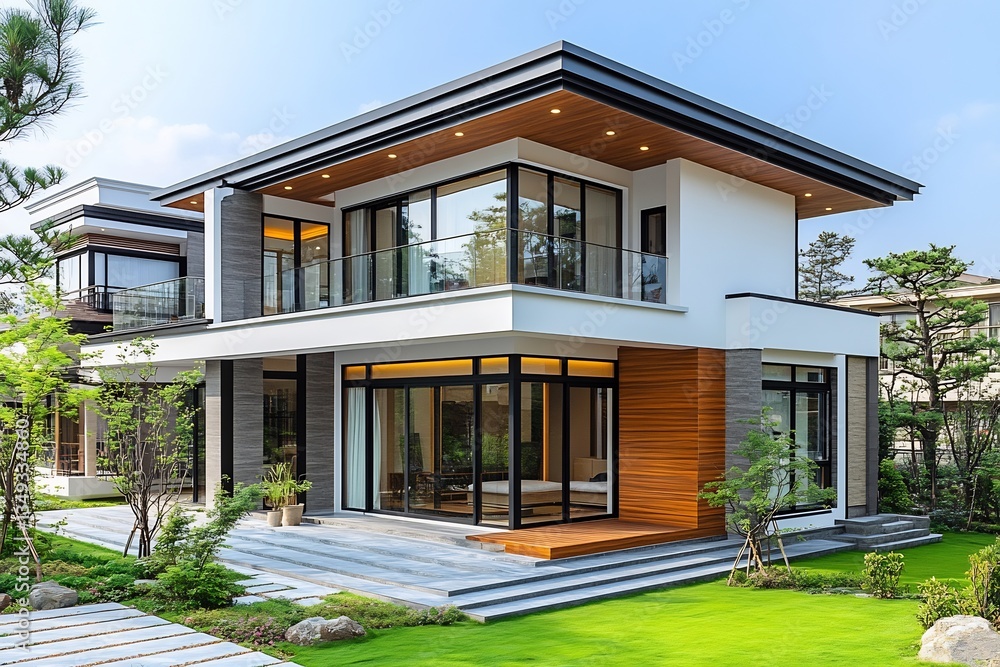Fototapeta premium Modern Two-Story House with Expansive Windows and Landscaped Yard