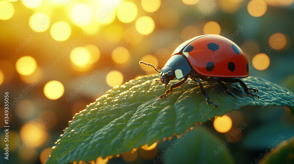Fototapeta premium A ladybug basking in the golden sunset light, perched gently on a dew-kissed leaf, symbolizing summer's tranquil beauty.