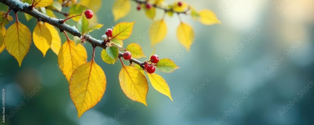 Snowberry branches with yellow leaves hanging down, branch details, greenery Snowberry branches with yellow leaves hanging down, branch details, greenery