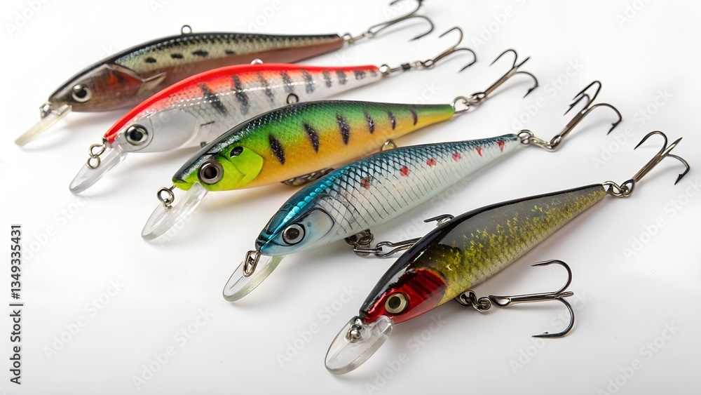 Colorful Fishing Lures Displayed on a White Background. Ready for Action. for Various Fish Species Colorful Fishing Lures Displayed on a White Background. Ready for Action. for Various Fish Species