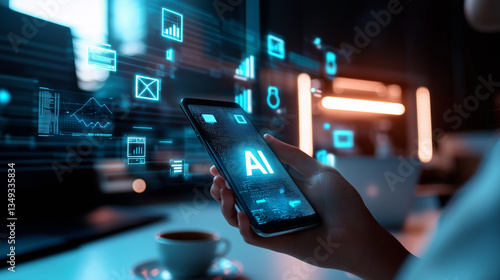 Close-up of hands holding a smartphone with futuristic digital icons and holographic data, symbolizing cybersecurity, technology, and online communication.