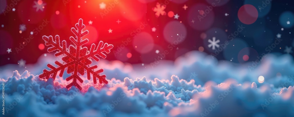 Fototapeta premium Snowflake on a bright red background with blue bokeh, twinkling, snow, colorful