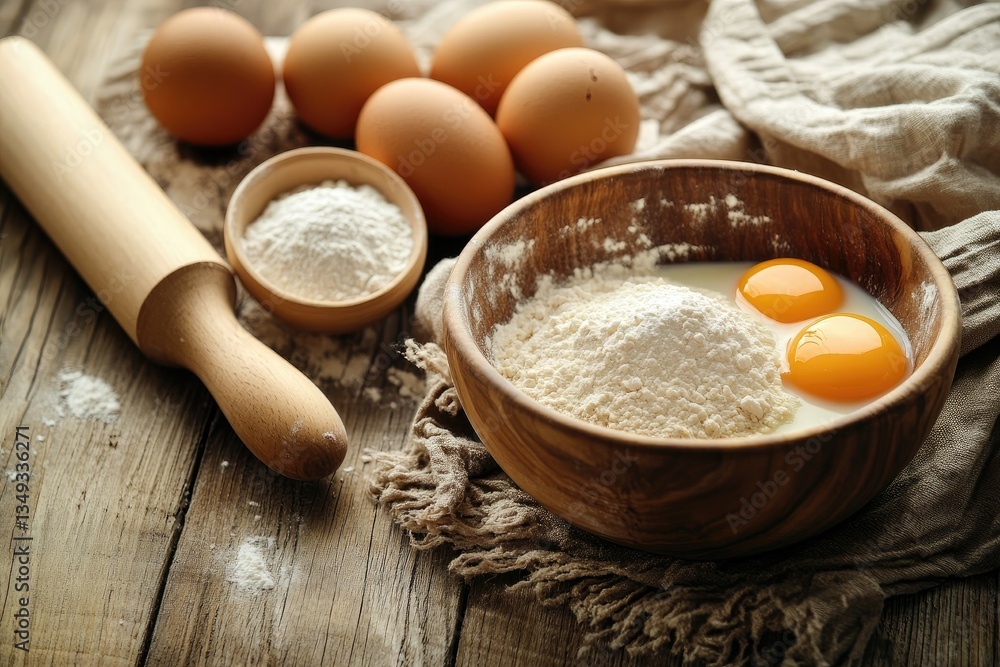 Baking ingredients on rustic wooden table. Eggs, flour, and milk in a bowl, ready for use Baking ingredients on rustic wooden table. Eggs, flour, and milk in a bowl, ready for use