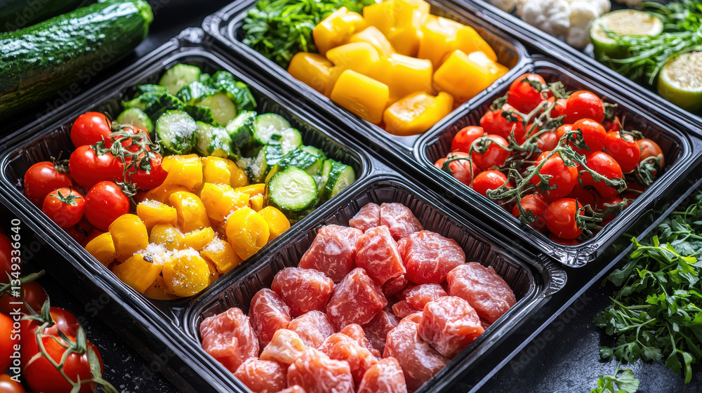 Overhead shot frozen food tray unboxed, vibrant vegetables and proteins, ready for heating, time-saving meal concept Overhead shot frozen food tray unboxed, vibrant vegetables and proteins, ready for heating, time-saving meal concept