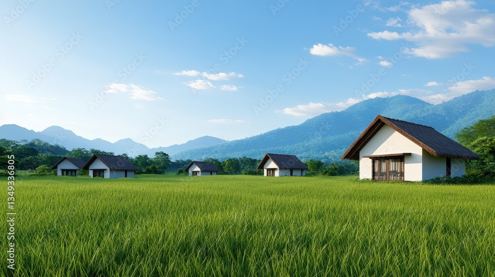 A serene landscape featuring several houses set against lush greenery and mountains under a clear blue sky. A serene landscape featuring several houses set against lush greenery and mountains under a clear blue sky.