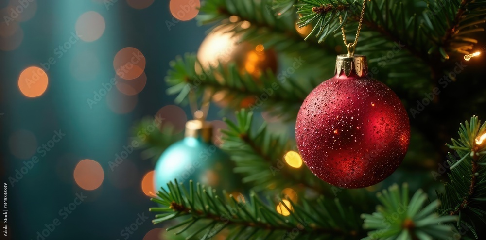 Sparkling sequin decorations on Christmas tree, ornament, festive Sparkling sequin decorations on Christmas tree, ornament, festive