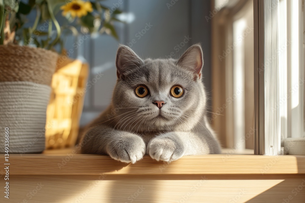 Adorable gray british shorthair cat relaxes by the window Adorable gray british shorthair cat relaxes by the window
