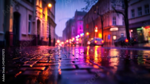 Rainy night city street, blurred lights, reflected in wet pavement