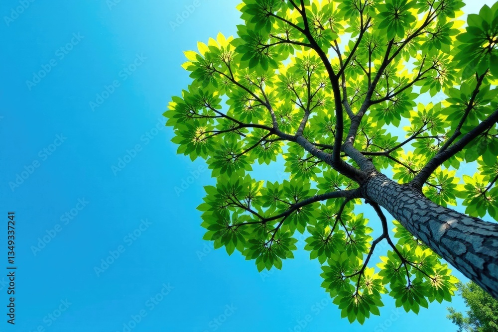 Fototapeta premium Tree's branches stretch towards the clear blue sky, ascent, greenery