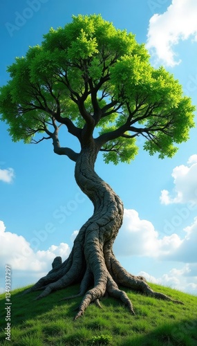 Tree's gnarled branches stretched towards the sky, growth, roots