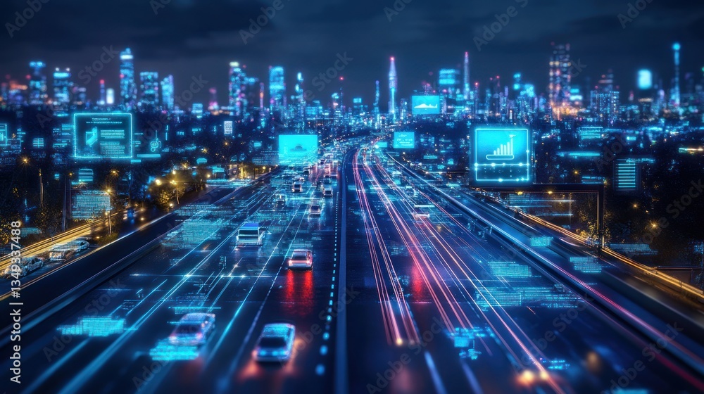 Futuristic City Highway: Night Drive with Digital Overlays Futuristic City Highway: Night Drive with Digital Overlays